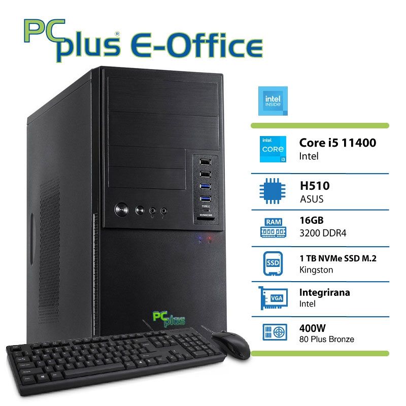 PCPLUS e-Office i5-11400 16GB 1TB NVMe SSD tipkovnica miška namizni računalnik