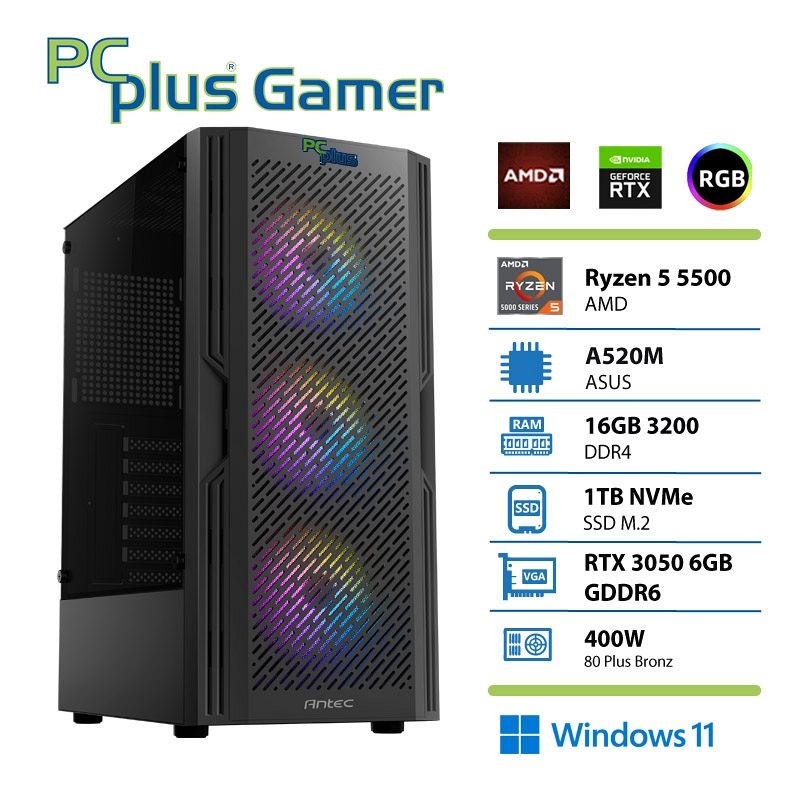 PCplus Gamer Ryzen 5 5500 16GB 1TB NVMe SSD GeForce RTX 3050 6GB Windows 11 gaming namizni računalnik