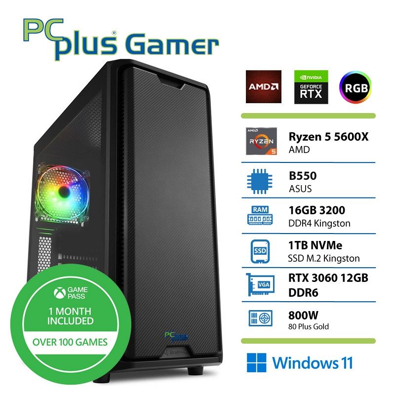 PCPLUS Gamer Ryzen 5 5600X 16GB 1TB SSD GeForce RTX 3060 12GB Windows 11 Home + Xbox GP gaming namizni računalnik