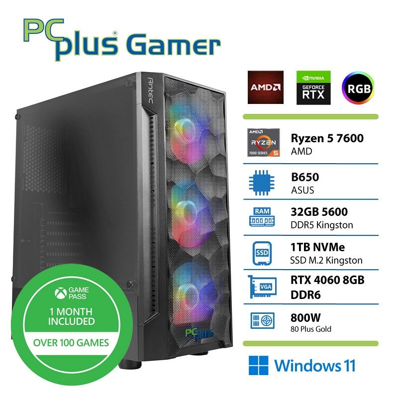 PCPLUS Gamer Ryzen 5 7600 32GB 1TB NVMe SSD RTX 4060 8GB Windows 11 + Xbox GP gaming namizni računalnik