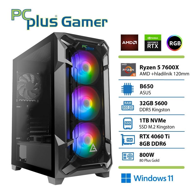 PCPLUS Gamer Ryzen 5 7600X 32GB 1TB NVMe SSD RTX 4060Ti 8GB Windows 11 + Xbox GP gaming namizni računalnik