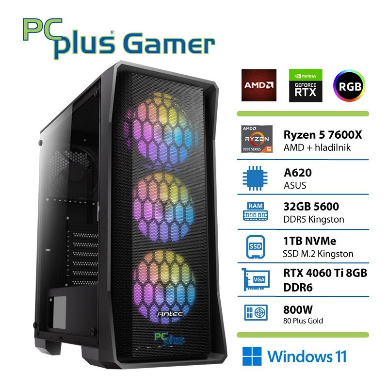 PCPLUS Gamer Ryzen 5 7600X 32GB 1TB NVMe SSD RTX 4060Ti 8GB Windows 11 Home gaming namizni računalnik