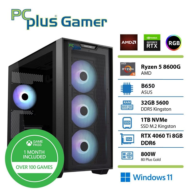 PCPLUS Gamer Ryzen 5 8600G 32GB 1TB NVMe SSD RTX 4060 Ti 8GB Windows 11 + Xbox GP gaming namizni računalnik