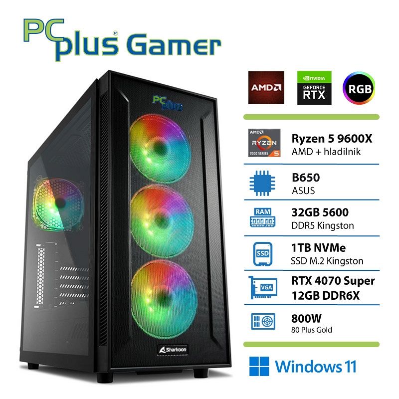 PCPLUS Gamer Ryzen 5 9600X 32GB 2TB NVMe SSD RTX 4070 Super 12GB Windows 11 Home gaming namizni računalnik