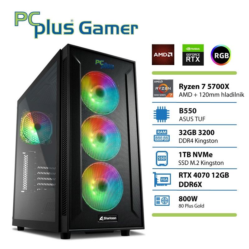 PCPLUS Gamer Ryzen 7 5700X 32GB 1TB NVMe SSD GeForce RTX 4070 12GB RGB gaming namizni računalnik