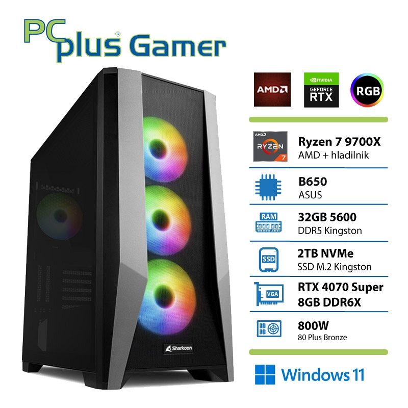 PCPLUS Gamer Ryzen 7 9700X 32GB 2TB NVMe SSD RTX 4070 Super 12GB Windows 11 Home gaming namizni računalnik