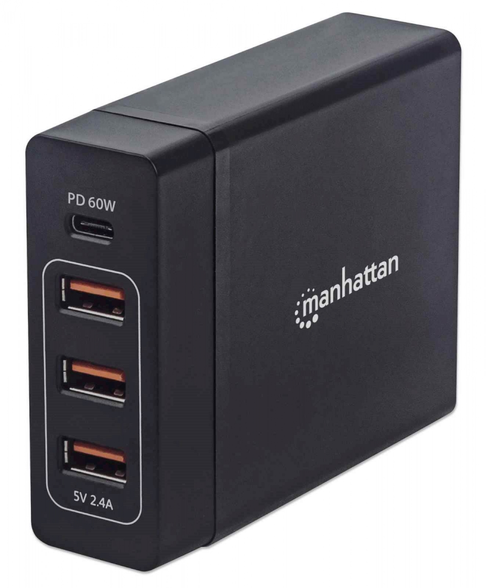 Polnilna postaja za 4 naprave MANHATTAN - 72W, 1xUSB-C (PD 3.0) in 3xUSB-A 5V/2,4A