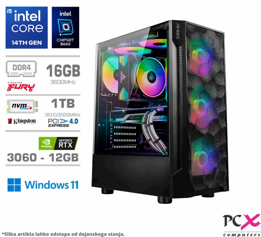 Računalnik PCX Exton, i5 14400F/16GB/1TB/RTX3060/RGB/W11