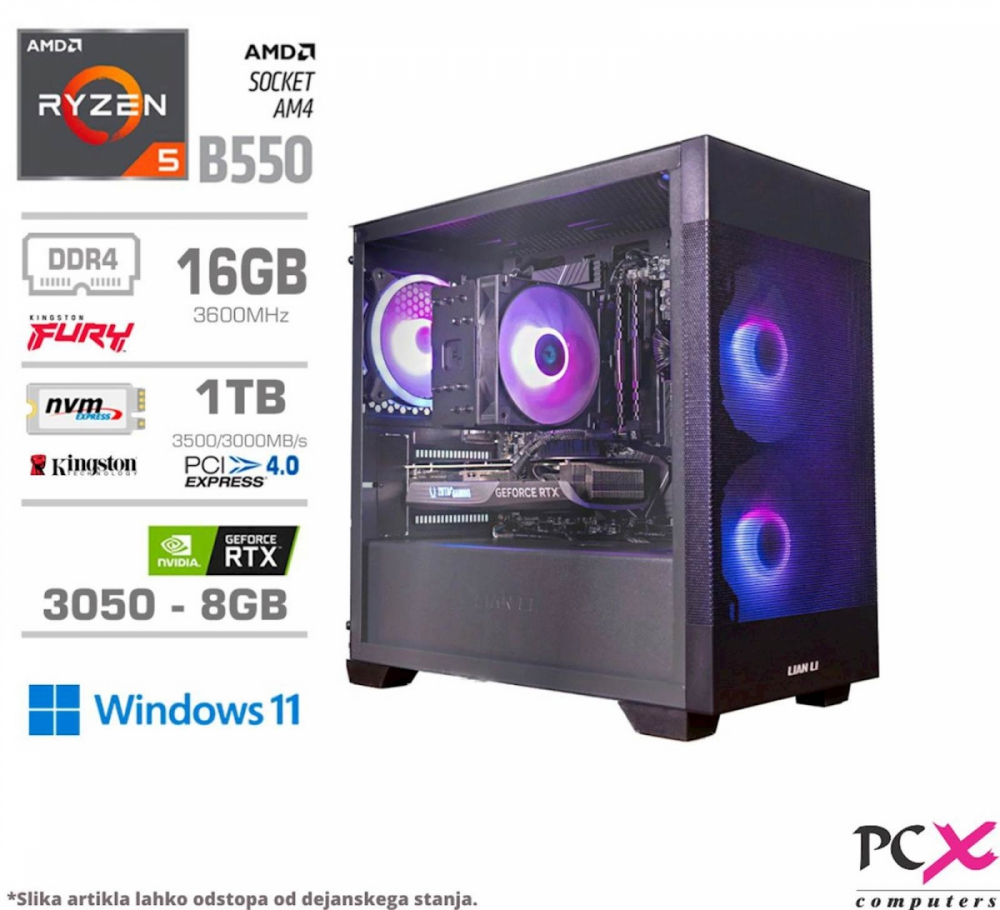 Računalnik PCX Exton, Ryzen 5 5600/16GB/1TB/RTX3050/RGB/W11H