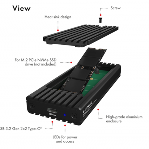 Icybox IB-1917M-C32 ohišje za 1x M.2 NVMe SSD z USB 3.2 Gen 2x2 Type-C do 20 Gbit/s