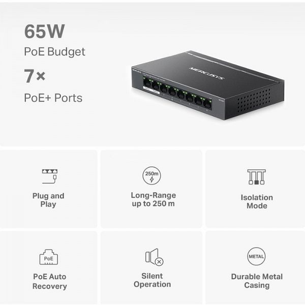 MERCUSYS MS108GP 8-port 10/100/1000Mbps PoE+ 65W mrežno stikalo-switch