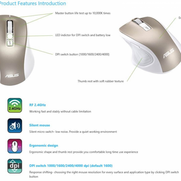 Miška ASUS MW202 Silent Wireless Mouse, tiha, brezžična, temno modra